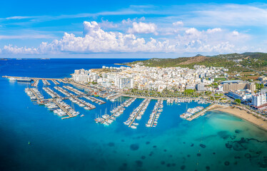 Aerial view of Sant Antoni de Portmany, Ibiza islands, Spain