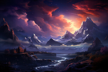 Wonderful A snowy mountain with stars in the sky and snow on it