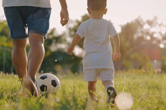A father and his toddler son walking through a field, playing with a soccer ball on a warm sunny day, bonding and spending quality time together.