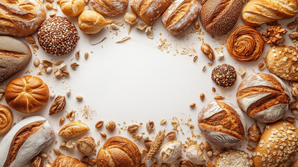 Different types of bread. Empty space in the center of the image is surrounded by different types of fresh bread. White background.

