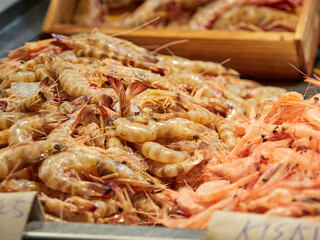 Seafood and fish market. Christmas food. High prices.