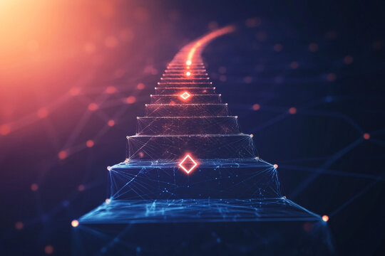 Futuristic staircase glowing with interconnected geometric nodes and illuminated path leading upward into a warm light

