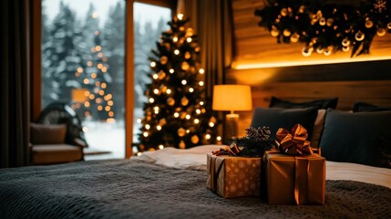 Cozy christmas bedroom scene with gifts winter wonderland photography indoor warm atmosphere holiday spirit