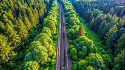 Aerial view of a railway cutting through a lush summer forest, railway, train tracks, transportation, nature, forest