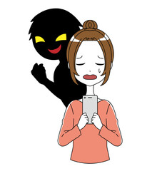 黒いシルエットの悪人とスマホを持った落ち込む女性