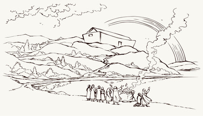 Fototapeta premium Vector drawing. Noah Offers a Sacrifice to God