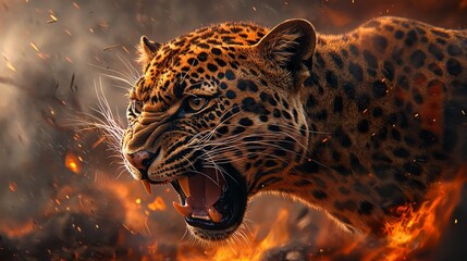 Majestic leopard snarling amidst fiery rocks under a dramatic sky captured in high-resolution clarity