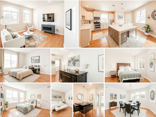 A collage featuring various rooms in a home, showcasing diverse styles and decor elements throughout the living space.