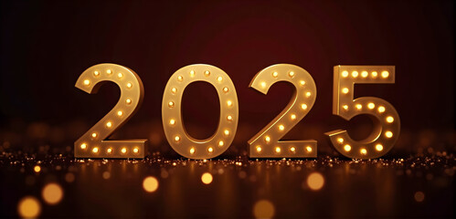 2025 New Year Celebration - Golden Numbers And Fireworks At Eve Night With Abstract Defocused Bokeh Lights