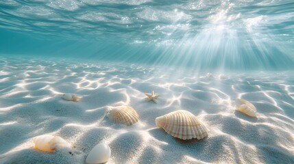 Sunbeams Illuminate Seashells On Sandy Ocean Floor