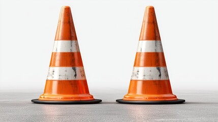 Two orange traffic cones with reflective stripes on a plain background suitable for construction or roadwork settings