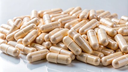 Pile of drug capsule pills with beige medication, pharmaceutical, medication, pills, capsules, drugs, medicine, healthcare