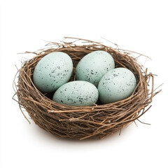 Obraz premium Nest with Four Speckled Blue Eggs on White Background, Natural Bird's Nest Displaying Nesting Materials and Unique Egg Patterns for Nature Photography