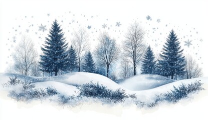 Fototapeta premium Serene Winter Landscape with Snow-Covered Trees and Soft Blue Hues, Capturing the Tranquility of a Snowy Day in a Beautiful Natural Environment