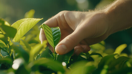 Hand selecting fresh tea leaves in a lush garden