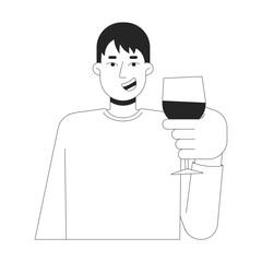 Cheerful chinese man toasting wine glass black and white 2D line character. Asian guy in casual sweatshirt cheers wineglass isolated vector outline person. Monochromatic spot illustration