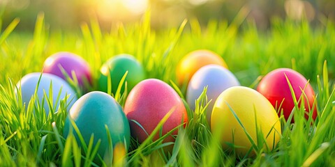 Fototapeta premium Colorful Easter eggs hidden in lush green grass field, Easter, eggs, grass, field, colorful, hidden, hunt, celebration, spring