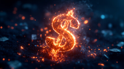 Glowing dollar sign amidst sparks and smoke