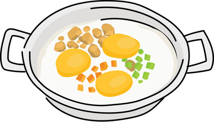 Fried Eggs with Vegetables and Meat in Pan.