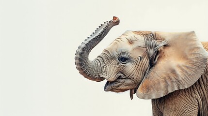 Gentle elephant with trunk raised on white.