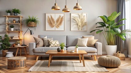 Modern boho living room with light gray sofa, wooden table, and natural decorations, boho, modern, interior, living room, cozy