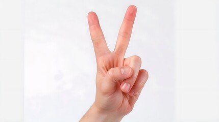 Hand holding fingers in a peace sign, isolated on white background.
