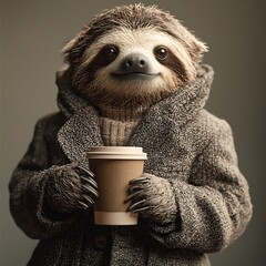 Fototapeta premium Relaxed Sloth in Formal Suit Holding Coffee Cup with Slow Deliberate Movements