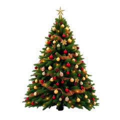 Fototapeta premium A beautifully decorated Christmas tree with lights, ornaments, and a star on top, isolated on a white (transparent) background.