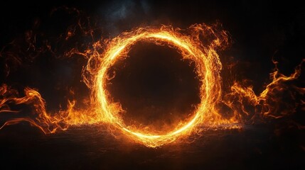 Dynamic Circle of Fire Flames on Black Background Abstract Art