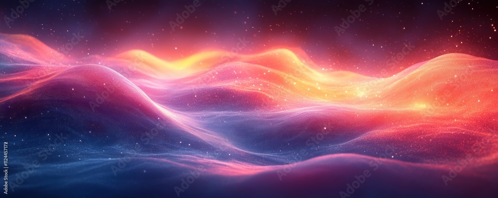 Poster Futuristic Abstract Digital Background in Synthwave Style with Neon Glow Waves and Dynamic Composition for Technology and Education