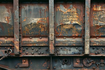  Side view of rust metal wall of railway wagon side part. Detailed photo textured background