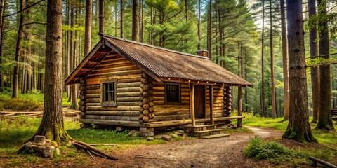 Rustic hunter cabin nestled in the tranquil woods , cabin, wooden, hunter, wilderness, forest, nature, rustic, cozy