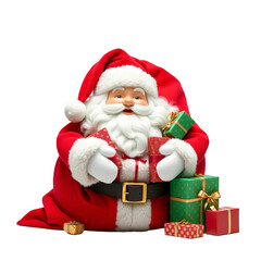 Fototapeta premium A classic red Santa Claus gift bag filled with wrapped presents, isolated on a white (transparent) background.