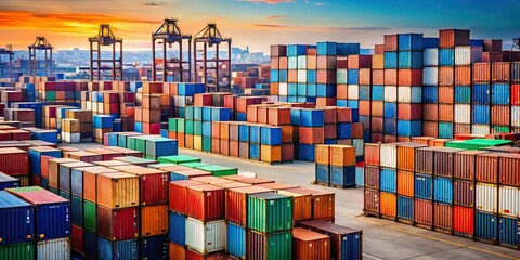Fototapeta premium Shipping containers stacked up in dockyard, Felixstowe, England, shipping containers, stacked, dockyard, port