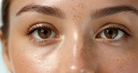 Woman's face with oily skin -  shiny or greasy skin in the T-zone (forehead, nose, and chin) with enlarged pores and acne - must using oil-free products.