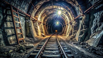 Obraz premium Dark and dusty underground mine shaft with railroad tracks, mining, underground, tunnel, industrial, abandoned, eerie, decay, rust