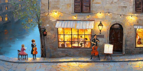 Charming Street Scene with Musicians Performing Outside a Cozy Restaurant.Artistic Illustration Featuring Warm Lights and Evening Ambiance.