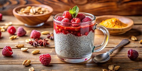 Fototapeta premium Healthy chia pudding in a glass mug with fresh red raspberry