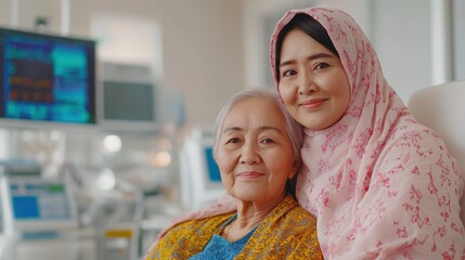Muslim daughter hugging elderly mother in hospital room. Family care concept