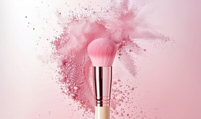 Pink makeup brush with powder explosion on pink background. Beauty product concept