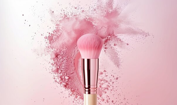 Pink makeup brush with powder explosion on pink background. Beauty product concept