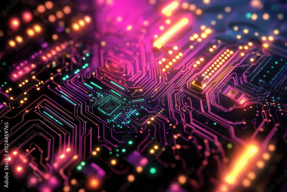 Aufkleber vibrant neon circuit board design abstract technology background with glowing lines and nodes