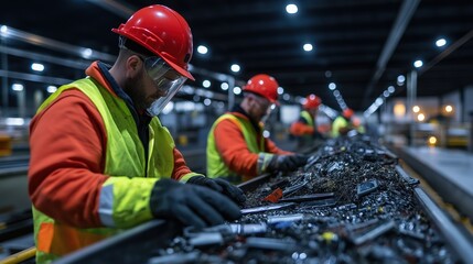 Workers in red hardhats sorting metal scraps on conveyor belt. Electronic waste recycling concept
