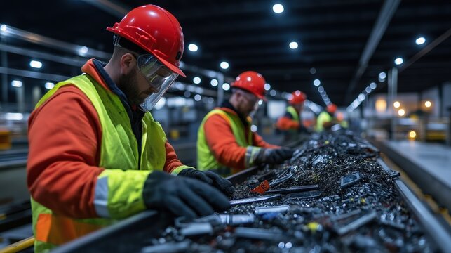 Workers in red hardhats sorting metal scraps on conveyor belt. Electronic waste recycling concept