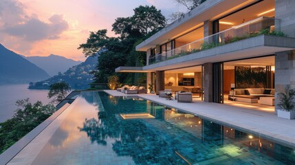 Fototapeta premium Modern luxury villa with infinity pool overlooking lake and mountains at sunset.