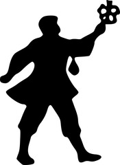 A man in an ancient dress holds an unknown thing in his hands. Black silhouette on a white background. Vector drawing.