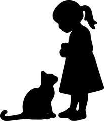 Black silhouette on a white background. Girl and kitten.