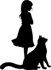 Black silhouette on a white background. Girl and kitten.