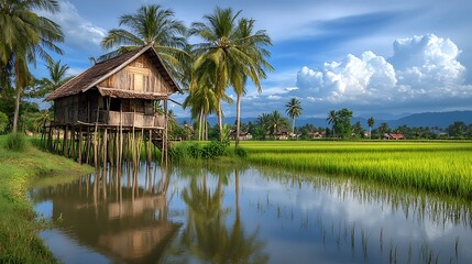 Obraz premium Stilt House Amidst Lush Rice Paddies And Palm Trees