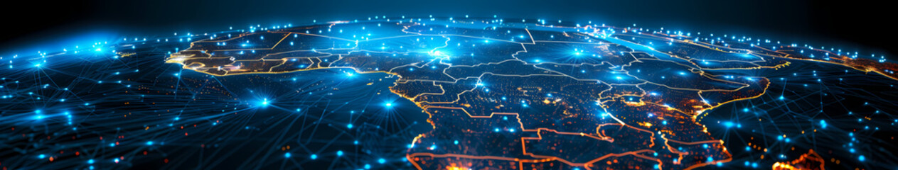 Naklejka premium Global Network: A captivating abstract image depicting a glowing network of connections spanning the Earth, symbolizing global communication, interconnectedness, and the power of technology. 